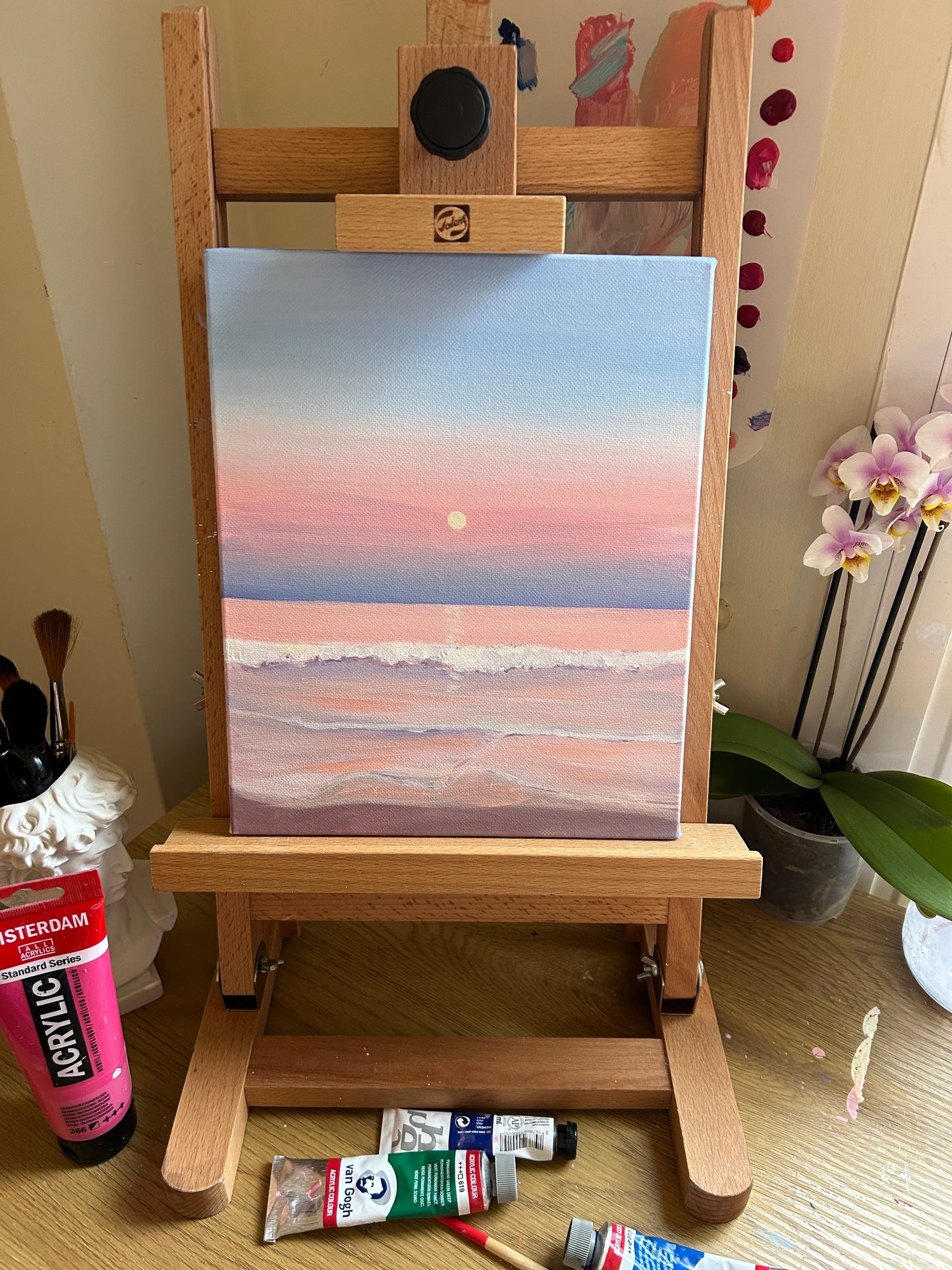 Pink moonrise acrylic painting